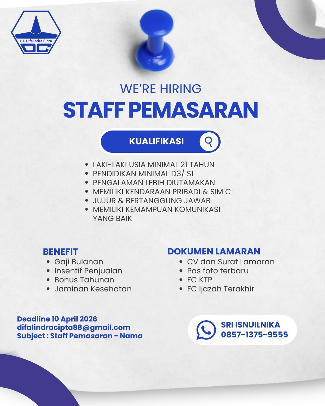 PT Difalindra Cipta Buka Lowongan Staff Pemasaran, Kesempatan Berkarier di Dunia Properti Batang
